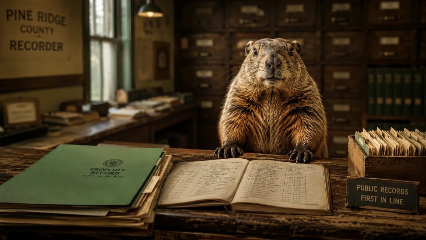A gopher first in line at the county recorder's counter, reading the public-records ledger